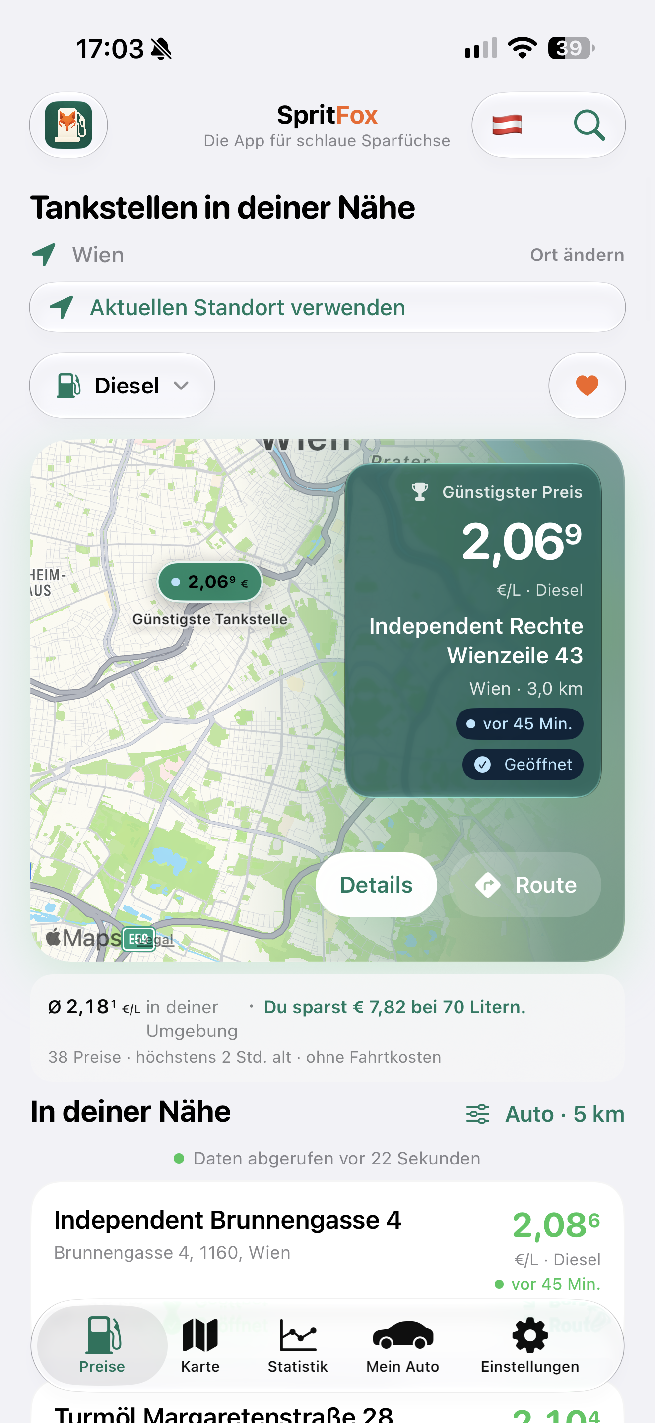 SpritFox – Tankpreise im Hellmodus. Echte App-Momentaufnahme.